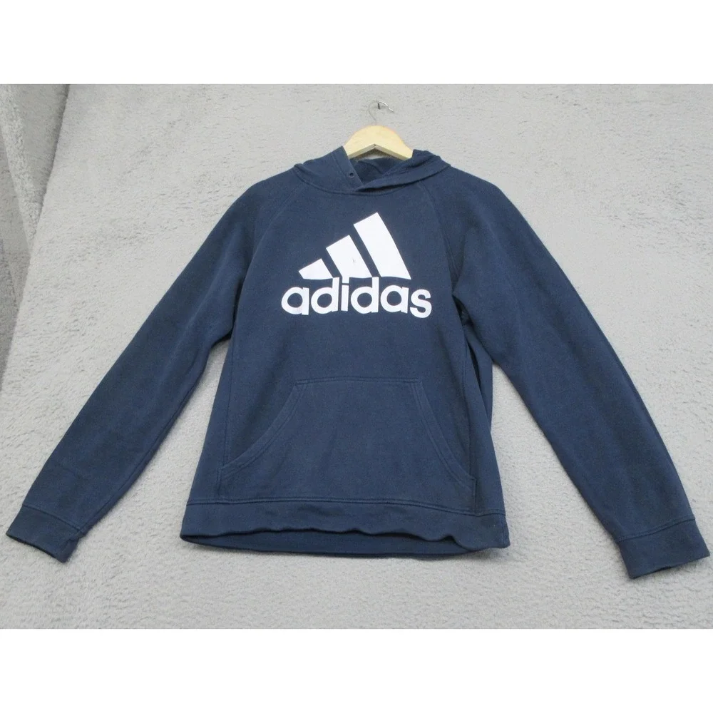Adidas Fleece Pullover Hoodie Men S Blue Big Logo Sweatshirt Streetwear Athletic